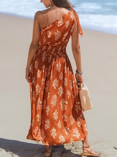 41Ebc2OzMyL.jpg Women's One Shoulder Floral Printed Sleeveless Smocked Waist Maxi Dress Summer Boho Long Dress