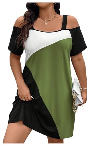 Women's Plus Size Dress Cold Shoulder Color Block Short Sleeve T Shirt Dress Casual Summer Dresses