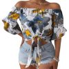Women's Ruffle Half Sleeve Off Shoulder Knot Front Floral Crop Blouses