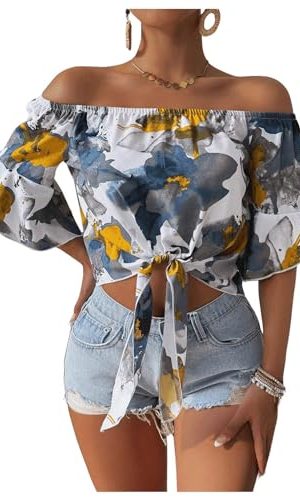 41Ehnlnv3iL.jpg Women's Ruffle Half Sleeve Off Shoulder Knot Front Floral Crop Blouses