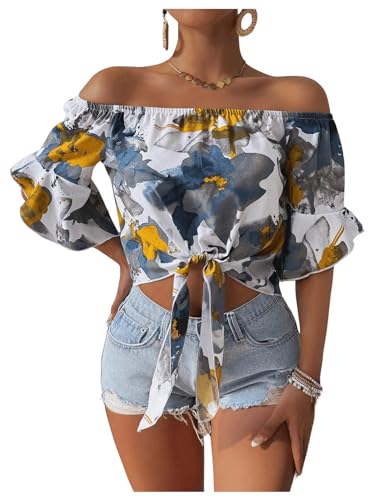 Women's Ruffle Half Sleeve Off Shoulder Knot Front Floral Crop Blouses