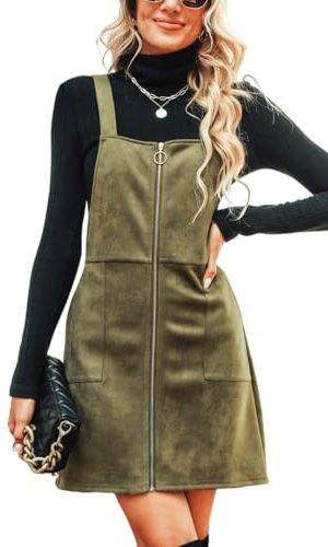 41EtTqu5TDL.jpg Faux Suede Mini Fall Dresses for Women Square Neck Pull Ring Zipper Front Pockets Wide Straps Casual Autumn Dress