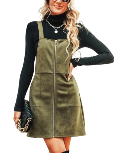 Faux Suede Mini Fall Dresses for Women Square Neck Pull Ring Zipper Front Pockets Wide Straps Casual Autumn Dress