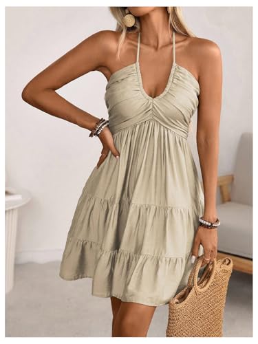 Women's Summer Mini Dress Halter Backless Sleeveless A Line Ruffle Hem Flowy Cami Dresses Sundress