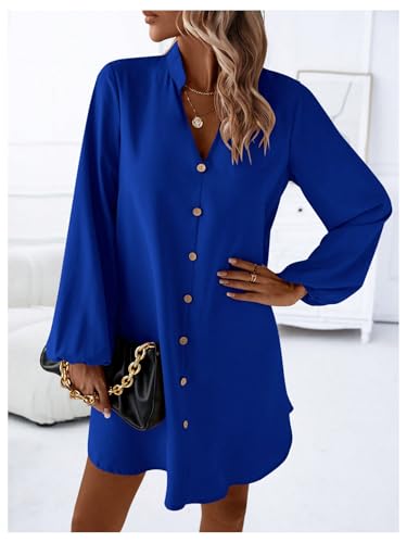 41FG21PgcjL.jpg Women's V Neck Pullover Shirt Dress A Line Long Lantern Sleeve Flared Loose Mini Dresses