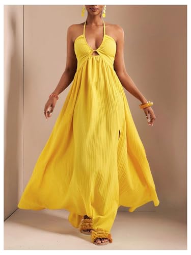 Women's Summer Halter Maxi Dress Sleeveless V Neck Split A Line Flowy Long Dresses Vacation Sundress