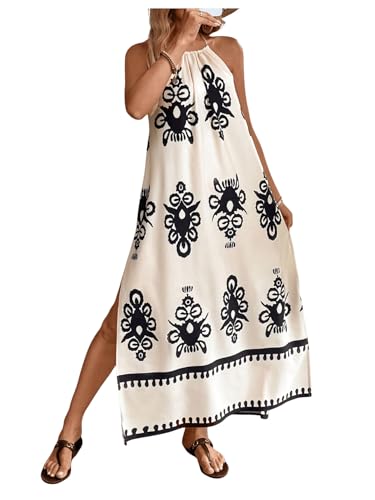 Women's Backless Halter Cami Dress Boho Print Sleeveless Split Hem Long Summer Dresses