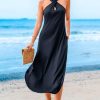 Women Casual Summer Dresses Knit Sundress Halter Sleeveless Cutout Slit Long Beach Vacation 2025 Pockets Maxi Dress