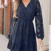 Women Elegant V Neck Lace Peasant Sleeve Mini Summer Dress Elastic High Waist A Line Casual Wedding Guest Dress