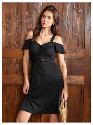 41GLWS6XlL.jpg Women's Cold Shoulder A line Dresses V Neck Ruffle Short Sleeve Cut Out Short Dress