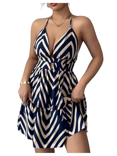 Women's Summer Printed Halter Cami Dress Sleeveless Tie Backless Ruffle Hem Flowy Vacation Short Dresses