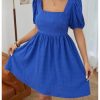 41GmMFuh1GL.jpg Women's Summer Square Neck Puff Sleeve Dress Casual Vacation Swing A Line Short Dress