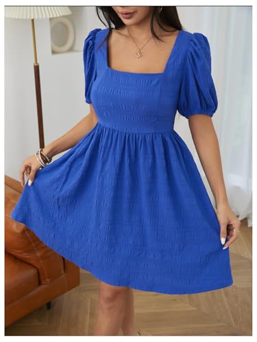 41GmMFuh1GL.jpg Women's Summer Square Neck Puff Sleeve Dress Casual Vacation Swing A Line Short Dress