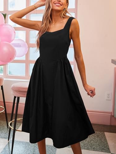 Women's Summer Sleeveless Midi Dress Square Neck Smocked Casual A Line Beach Sundress