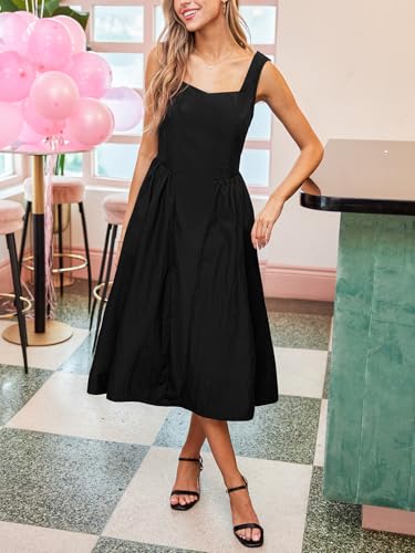 Women's Summer Sleeveless Midi Dress Square Neck Smocked Casual A Line Beach Sundress