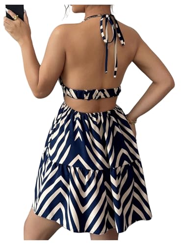 Women's Summer Printed Halter Cami Dress Sleeveless Tie Backless Ruffle Hem Flowy Vacation Short Dresses