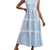 Women's Summer Long Dress Casual Boho Striped Sleeveless Smocked Tiered Ruffle Sundress
