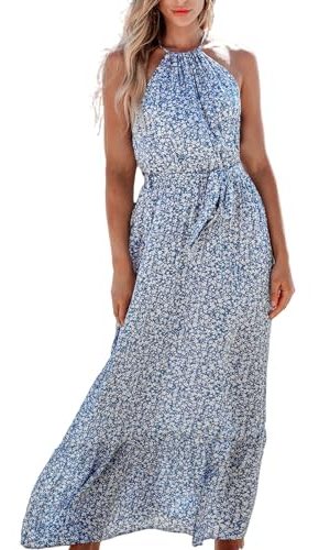 41Hpy24ojTL.jpg Women's Maxi Dress Halter Ditsy Floral Belted Sleeveless Ruffled Long Summer Casual Dress