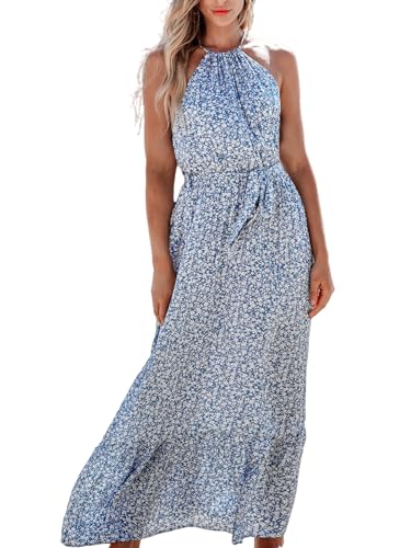 Women's Maxi Dress Halter Ditsy Floral Belted Sleeveless Ruffled Long Summer Casual Dress