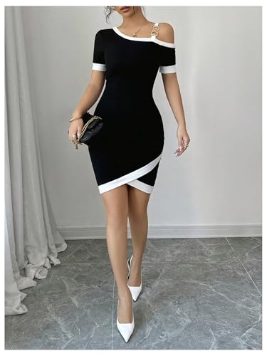 41HwLIuR5OL.jpg Women's Cold Shoulder Short Sleeve Bodycon Dress Color Block Wrap Summer Dresses