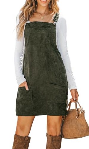 Women Corduroy Fall Dresses Front Bib Pocket Square Neck Wide Strap Casual Overall Mini Dress
