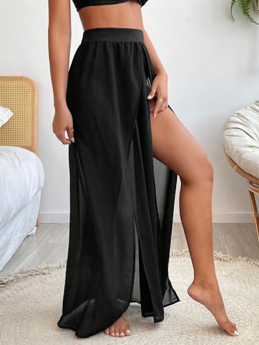 Women's High Waist Split Thigh Cover Up Skirt Sheer Beach Long Skirt Swimwear