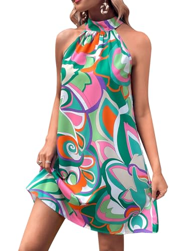 41IrZ8fbhSL.jpg Women's Floral Print Tunic Dress Criss Cross Sleeveless Halter Summer Short Dresses