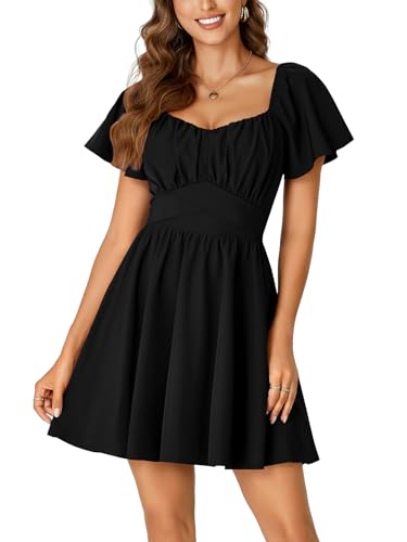 Women's Tie Back Square Neck Wrap Ruffle Short Sleeve Flare Mini Dress