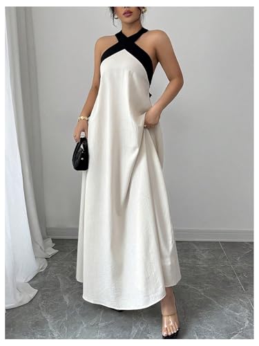 41JJ27tsb2L.jpg Women's Backless Halter Maxi Dress Summer Bow Tie Flowy Vacation Party Dresses