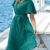 41JfkaVlscL.jpg Women's Dresses for Summer V Neck Solid Belt Short Sleeve Knee Length Beach Dress