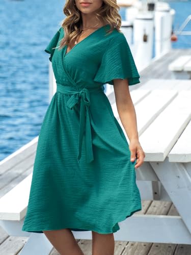 41JfkaVlscL.jpg Women's Dresses for Summer V Neck Solid Belt Short Sleeve Knee Length Beach Dress