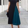 Women's Color Block Pleated Dress Casual Short Sleeve Round Neck A Line Midi Dresses