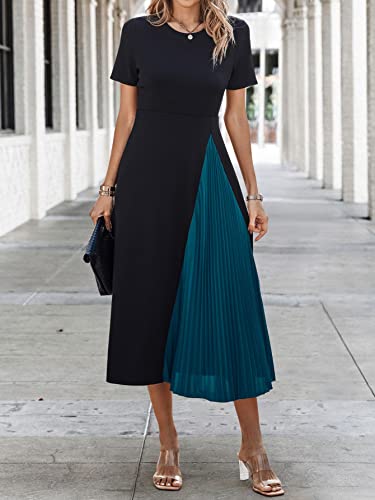 Women's Color Block Pleated Dress Casual Short Sleeve Round Neck A Line Midi Dresses