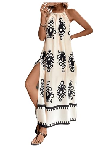 Women's Backless Halter Cami Dress Boho Print Sleeveless Split Hem Long Summer Dresses