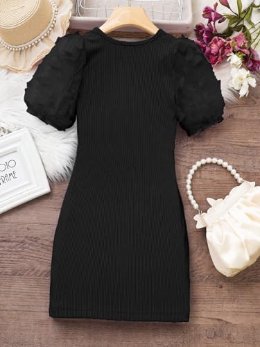 Girl's Appliques Mesh Puff Short Sleeve Bodycon Pencil Midi Dresses