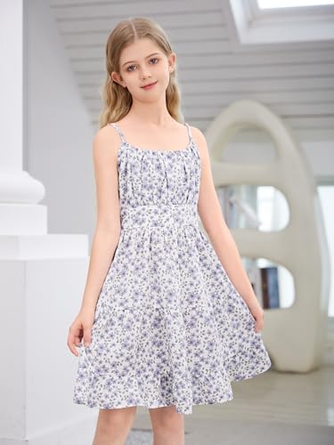 Girl's Spaghetti Strap Ruched Cami Dress Floral Print Ruffle Flared Mini Dresses