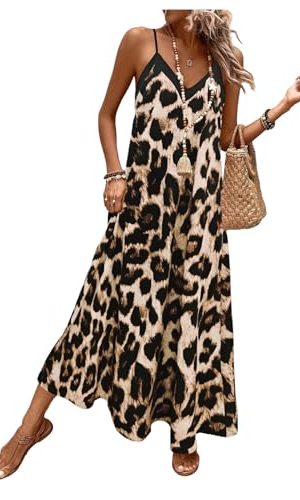 Women's Leopard Print Maxi Dress V Neck Spaghetti Strap Flowy Long Vacation Summer Dresses