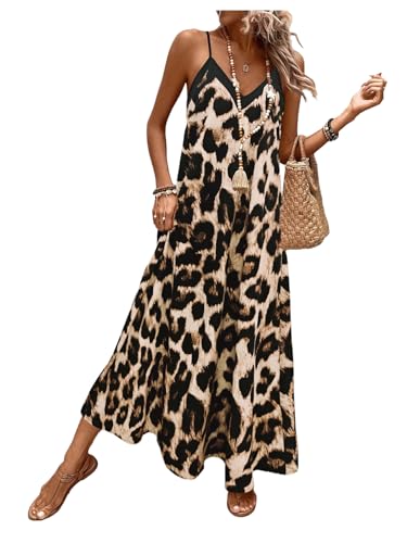 41JxVwCp5ML.jpg Women's Leopard Print Maxi Dress V Neck Spaghetti Strap Flowy Long Vacation Summer Dresses