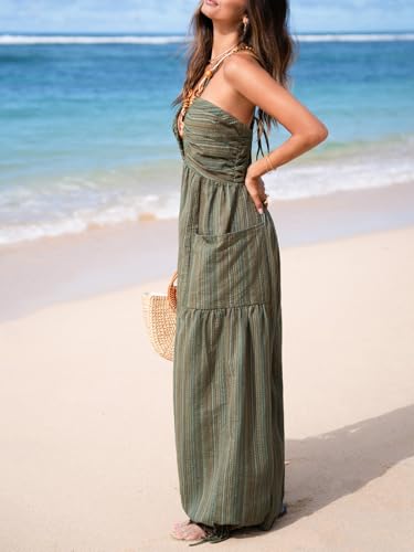 41K975StGEL.jpg Women's Summer Jumpsuit Plunging Halter Sleeveless Striped Casual Dressy Outfit Wide Leg Pockets Maxi Overall