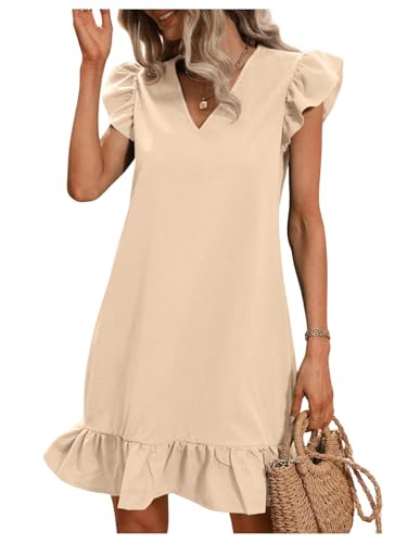 Summer Dresses for Women V Neck Cap Sleeve Ruffle Hem Smock Short Dress
