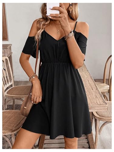 41KMksjRYxL.jpg Women's Ruffle Cold Shoulder Dress Cut Out Short Sleeve A Line Summer Dresses