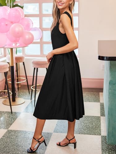 Women's Summer Sleeveless Midi Dress Square Neck Smocked Casual A Line Beach Sundress