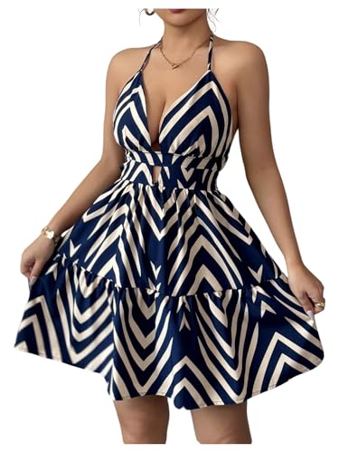 Women's Summer Printed Halter Cami Dress Sleeveless Tie Backless Ruffle Hem Flowy Vacation Short Dresses