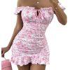 Women's Summer Floral Print Mini Dress Off The Shoulder Ruched Ruffle Hem Bodycon Dresses
