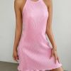 41LpftEO2WL.jpg Women's Lettuce Trim Halter Neck Mini Dress Casual Tie Back Party Cami Dress