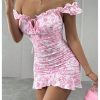 Women's Summer Floral Print Mini Dress Off The Shoulder Ruched Ruffle Hem Bodycon Dresses
