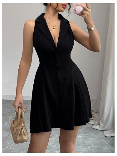41M7RtoG2L.jpg Women's Summer Mini Dress Button Down Sleeveless Collared V Neck Business Casual A Line Dresses