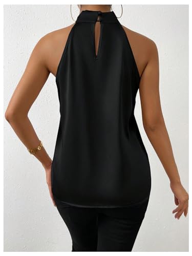 41MFeqOlL.jpg Womens Elegant Twist Front Halter Sleeveless Satin Blouse Keyhole Back Tank Top