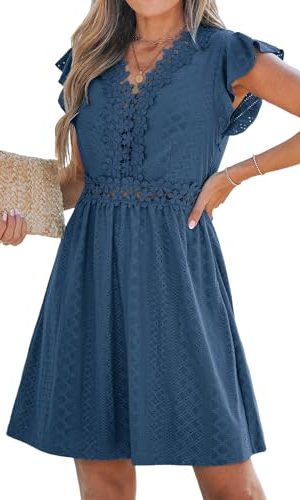 Summer Dress for Women Casual Spring V Neck Lace Appliques Cap Sleeves Hollow Out Beach Mini Dress