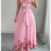 Women's Summer Floral Halter Maxi Dress Sleeveless Pleated A Line Flowy Belted Long Dresses
